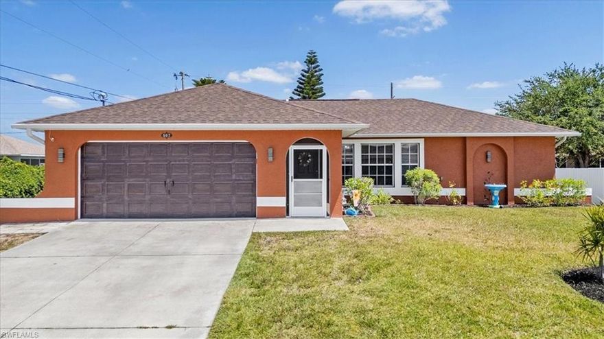 Motivated Seller!! Vaulted ceilings, Main components of house newer & Updated….. New Roof 2023, A/C 2018, newer hot water heater, New Exterior paint, CPVC Plumbing water pipe, new tiled floors main bedroom, new vinyl floors in guest bedrooms, three-bedroom 2 full bath vaulted ceiling split plan layout, No Flood Zone, City Utilities, eat in breakfast bar kitchen with recessed lighting, main bedroom offers new plank tile flooring 2024 & a walk in closet , the main bath offers sink vanity, & a walk in shower with updated river rock tile floor, there are two nicely appointed quest bedrooms on the other side of the house with new laminate flooring, there is an additional hall bath that includes new fixtures & a tub, the open living room leads out the sliding glass doors to a newly screened tiled floor lanai, the rear yard is private & fenced, auto sprinklers updated 2025, 2 car garage with new opener 2025, close to shopping & schools, 1-75, the airport & Fort Myers Beach, this is a must-see home for location & price.