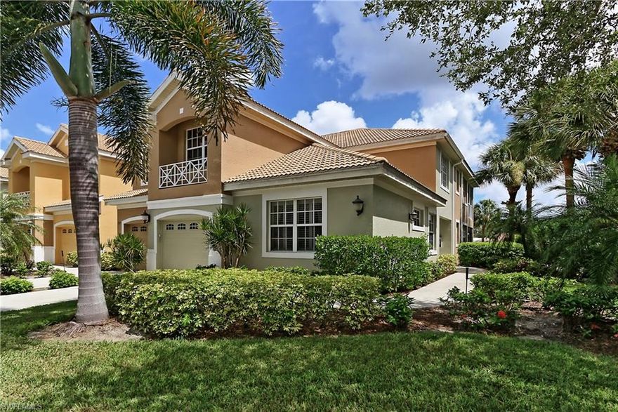 Phenomenal Views of Golf Course & Lovely Lake from this coveted location in Braeburn. Easy living with No steps for this 3 BR 2 Bath, 1st floor spacious end unit. Glassed- in lanai allows year round living and extra living space. Of course the Glass doors slide open to Screens to enjoy those cooler days. This impressive coach home is full of extras! It is beautifully furnished, offered Turnkey and ready to move in. Tiled floors, Crown molding, Custom built-in Buffet, custom indirect lighting in Master BR and Bath in the crown molding, Plantation Shutters, built in desk in Den/3rd BR, Alarm system, large safe and attached 1 car garage.  Stonebridge is an amenity rich Gated Bundled Golf Country Club Community where Every Owner is a Member of the club. Play on the challenging 18 hole golf course, 5 hard -tru lit tennis courts, take classes in the attended fitness center and enjoy both casual and fine dining, along with many special events, in the Stunning Clubhouse . Fantastic North Naples Location: Less than 3 miles to the Beach and I-75. Only 15 minutes to Olde Naples and 5 minutes to shopping and dining at Mercado. Safe in the Den is not included.