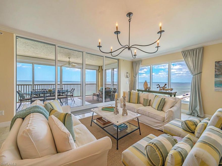 C.16664 - Luxury beachfront residence, only 2 per floor has 3820 Sq ft living area! Outstanding Gulf views from the beach. Front lanai equipped with built in grill.  Front to back end residence also has wide bay views from rear terrace.
The Vanderbilt has added privacy of exclusive elevator and private elevator foyer. Opens directly to your home via front double door entry. Expansive floor plan with three bedrooms, den, and three-and-a-half bathrooms, 9 ft. ceilings throughout, double door entry and lives like a single-family home. Oversized kitchen with center island, wine cooler, granite counter tops, and gas stove. Luxurious master suite overlooking the Gulf!  Guest bedrooms and oversized den/ family room offers stunning views of bay and city lights at night! Includes a private completely enclosed under building two-car garage. Only 19 residences on 11 floors just steps to the Turtle Club for your dining ease and pleasure. Amenities include a heated pool, exercise room, meeting rooms, private secured lobby access and gated entry and The Ritz-Carlton, and La Playa for beachfront dining. Mercato is minutes away offering a plethora of fine dining and shopping, movies, and more!