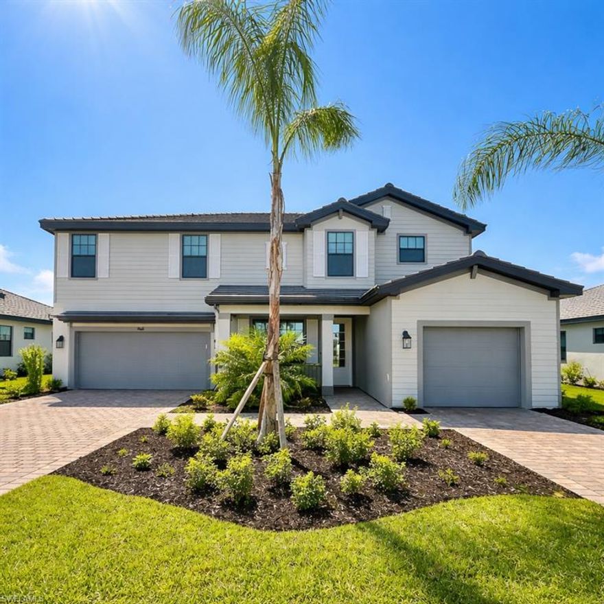 One or more photo(s) has been virtually staged, AI generated or rendered.  Welcome to 19046 Hanley Blvd in Estero, located in the highly sought-after, gated community of Verdana Village. This stunning Lennar Sorrento floor plan offers over 3,200 square feet of thoughtfully designed living space, featuring 5 bedrooms, 4.5 bathrooms, a spacious loft, and a split 3-car garage with dual driveways, all perfectly positioned on a premium lakefront lot with breathtaking western sunset views.

The open-concept layout seamlessly connects the great room, dining area, and chef’s kitchen—creating the ideal space for both everyday living and entertaining. The kitchen is equipped with quartz countertops, a large center island, stainless steel appliances, and a gas range, along with ample cabinetry and prep space. A first-floor guest suite with a full bath provides flexibility for visitors, a home office, or multigenerational living.

Upstairs, the expansive owner’s suite serves as a private retreat, complete with a luxurious ensuite bath and dual walk-in closets. Three additional bedrooms and a large loft offer plenty of space for family, guests, or a secondary living area. Lennar’s “Everything’s Included” features add exceptional value with impact-resistant windows and doors, modern finishes, and energy-efficient construction. The home also includes a gas water heater and gas dryer for added efficiency.

Step outside to enjoy peaceful lake views and stunning sunsets from the covered lanai, making it the perfect place to unwind or entertain year-round.

Residents of Verdana Village enjoy access to unmatched resort-style amenities, including a resort pool and spa, indoor and outdoor pickleball and tennis courts, a state-of-the-art fitness center, basketball courts, a dog park, playground, and an onsite restaurant, café, and craft lounge. The community also features a Publix-anchored shopping center at the entrance for added convenience.

Ideally located near I-75, RSW International Airport, FGCU, and premier shopping and dining, this home offers the perfect combination of luxury, convenience, and lifestyle.