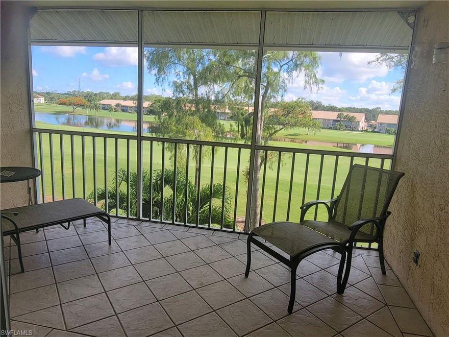 Royal Wood Golf and Country-Bloomfield Ridge-Inviting 3rd floor 2BR/2BA unit with cathedral ceilings and elevator.Tiled lanai overlooks  the 7th hole, 2 sparkling lakes and is perfect for relaxing and watching the golfers. 
 This clean turnkey furnished unit comes with split bedrooms, eat-in kitchen, great room and large laundry room.Newer air, hot water heater, washer, dryer and disposal. Covered parking.  Steps to new heated pool, spa, bocce and tennis courts with pickleball lines. Royal Wood has recently finished a multi-milliom dollar renovation with new pro shop, state of the art fitness center, expanded dining and bar facilities, new library and community room. Plenty of social and golfing events year roud. Just a short jaurnt to the Naples Botanical Garden, shopping, restaurants and the Gulf of Mexico.