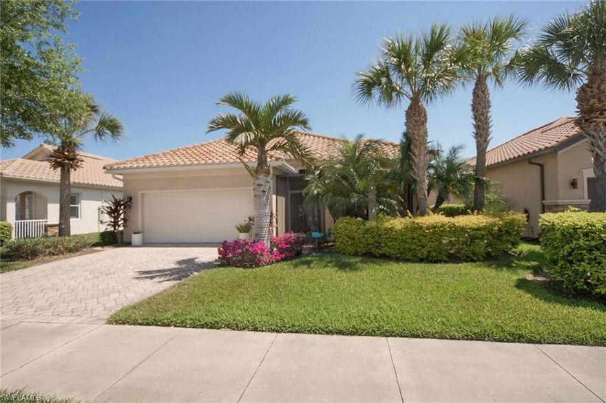 If you are looking for a HEATED SALT WATER POOL & SPA with a GORGEOUS WATERFRONT VIEW on the GOLF COURSE, then look no further.  This home as 3 BEDROOMS plus 2 BATHROOMS with CROWN MOLDING and HIGH CEILINGS throughout.  As you come into this home, you have your Kitchen in the front with a separate eat in kitchen with French door leading out to a front patio.  Your kitchen has nice wood cabinets with a tiled backsplash and granite countertops plus STAINLESS STEEL APPLIANCES.  You also have a wonderful view out to your greatroom to allow you to entertain your family and guests.  Your greatroom has tiled flooring, crown molding, built in surround sound, plantation shutters & extra lighting.  As you go into the master bedroom that has a tray ceiling and a large walk in custom cabinets & closet.  The master bathroom features large separate shower and tub along with dual sinks and a large countertop to put on your makeup.  Your guest rooms are on the other end of the home, that allows extra privacy for your guests. The one bedroom has a BUILT IN MURPHY BED along with a custom desks and plenty of cabinet space. You have inside laundry room with a large garage space and overhead storage.