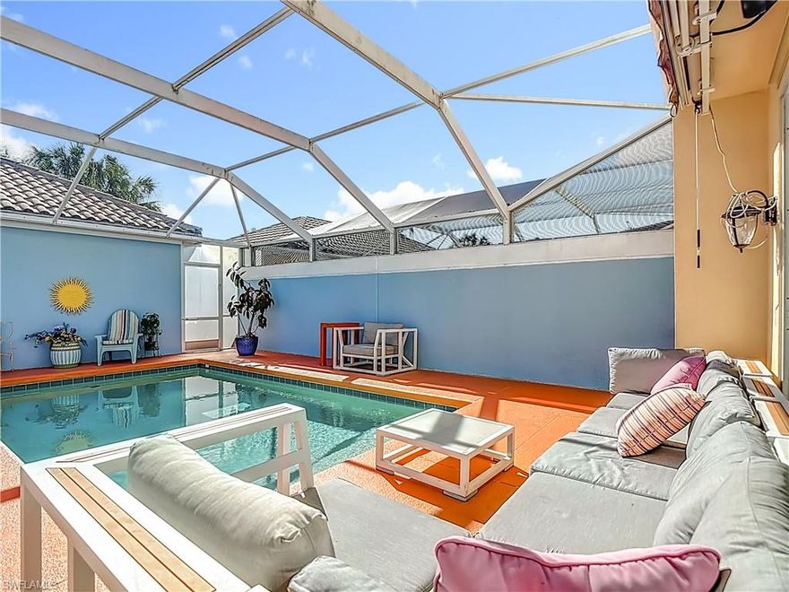 This 3BD/2.5 bath townhome with solar heated pool has an ideal location in the community directly across from the Island Walk Town Center! Features include tile in the main living areas, granite kitchen counters, central vac and a security system. There's also a two-car garage. You will enjoy relaxing or entertaining in your own private pool area with a desirable southern exposure. Some furnishings are negotiable. Island Walk offers a resort lifestyle with amenities like multiple pools (resort-style and lap), many sports courts (pickleball, tennis, bocce)and a modern fitness center. There is also an on-site Activities Director who coordinates various community events and helps residents connect through social and recreational opportunities. The Town Center complex also has it's own post office, gas station, car wash, on-site restaurant and much more! It's a beautiful community with miles of walking/biking trails with lakeside pathways and picturesque Venetian-style bridges. This property is in a desirable "X" flood zone so most lenders do not require flood insurance. Schedule your private showing today!