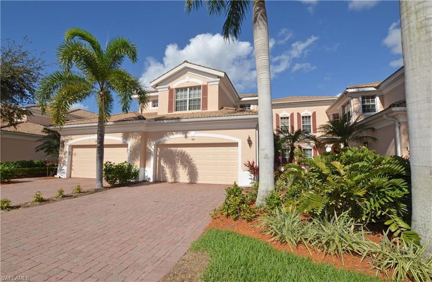 This North Naples location is perfect offering easy access to I-75, shopping, dining Mercato and Artis Naples. 1ST Floor Coach home in gated Aviano has 2 bedrooms, 2 bathrooms, and a Den with the added feature of a two car garage. Enjoy Community club house, exercise room, pool and spa. This Move in ready condo with Lake view and Large Lanai, comes with tile on the diagonal, NEW carpeting in both bedrooms and Den, surround sound, granite in the kitchen and bathrooms, Wooden Plantation shutters on all windows and a vertiglide blind on the slider in the Living room. Kitchen features NEW Stainless appliances, large walk-in pantry, Center Island and plenty of cabinet space, dining area and sliders to lanai area. This home also features a Large open Great room and Dining room design with sliders leading to the lanai.  Master bedroom area - features access to the lanai, Large walk-in closet, master bath has a separate tub and shower with a frame-less enclosure. The A/C was installed in 2014 and the hot water tank was installed in 2015.