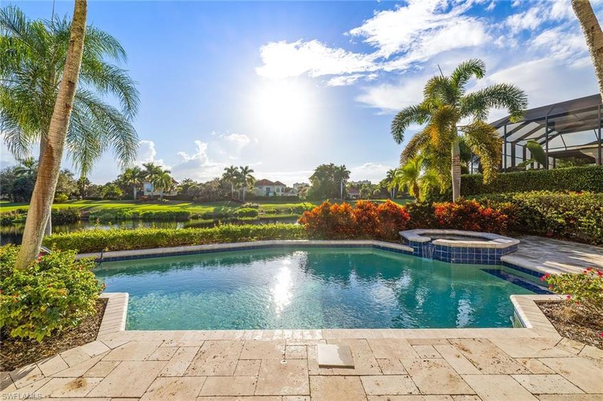 Incredibly rare opportunity located in the exclusive gated community of Jamestown in Pelican Bay. Enjoy spectacular sunset skies with views of the golf course and private lake from the open patio. Overlooking the pool and spa, the expansive outdoor area is perfect for hosting guests and family. The floor plan features three en-suite bedrooms, a generous-sized den, formal dining room and a bar. Entertaining areas include a sun-filled living room and family room with fireplace, while the open kitchen includes a pantry and breakfast nook. The expansive primary suite opens to the outdoors and features dual walk-in closets and a spacious bath. A large laundry room and three-car garage complete the residence. Upgrades include a new roof in 2017 and impact sliding glass doors in the primary suite and kitchen. Experience all the amenities of Pelican Bay, including 3 miles of private beach access with tram service, two private beachfront pavilions, private beachfront dining, fitness and wellness center, 18 Har-Tru tennis courts, the opportunity to join Club Pelican Bay, with 27 holes of championship golf and a brand-new, state-of-the-art clubhouse.