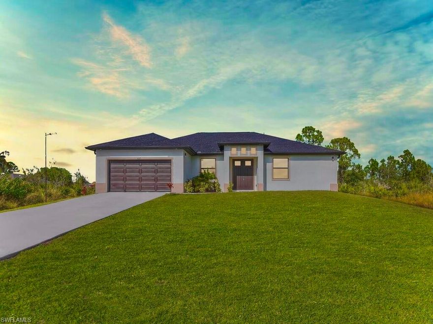 Welcome to this MASSIVE over 2,300 Sq. Ft. LUXURIOUS dual MASTER suite home great for multigenerational living nestled away on a quiet street just minutes from all major amenities & a quick commute to fort Myers. This impressive floor plan spotlights GRAND elevations with admirable 8ft double double entrance, HIGH ceilings with enhancing trays, an exceptional whole house R/O WATER treatment system and enhancing 8ft sliders with dual access out to the spacious back patio. It also highlights exquisite 24 by 48 porcelain tile throughout, flattering FRAME-LESS glass tiled showers with niches, an enticing tiled desirable SOAKING tub, premium fixtures, upgraded solar tinted IMPACT windows & doors, and refreshing recessed & pendant lighting. The rewarding kitchen features an inviting breakfast bar with attractive granite countertops, soft close shaker cabinets, STAINLESS STEEL appliances, and a pantry. This residence has enormous bedrooms with generous WALK-IN closets, a great room, rewarding dual sink vanities, laundry under air, custom mirrors, an irrigation system, and NOT in a flood zone. Schedule your showing today!