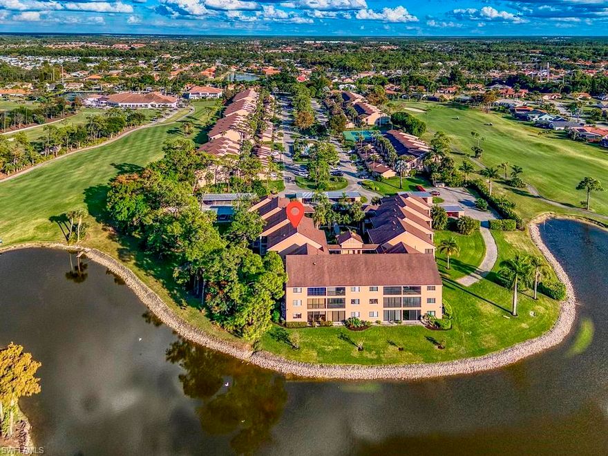 FOXFIRE COUNTRY CLUB!! This top floor condo is located in the Fox Hollow Association of Foxfire. 27 hole bundled golf community with no waitlist. As you step inside to the wide open concept. Fantastic for friends and family to entertain. Kitchen opens to dining area, living room and finished lanai. Primary bedroom has beautiful wooded view. Feels like you are in a treehouse. Walk in closet and second bedroom closet was designed with professional closet shelving. New carpet it both bedrooms. Freshly painted through out.  Furniture is coastal flair with a touch of comfort. Lanai has fantastic views of Red 2 tee box and pond. Turn key for easy move in. Covered parking is a bonus with storage closet. 25 min from RSW airport, 4 miles from the beach and 5th Ave. restaurants and stores. Location can not be beat!!