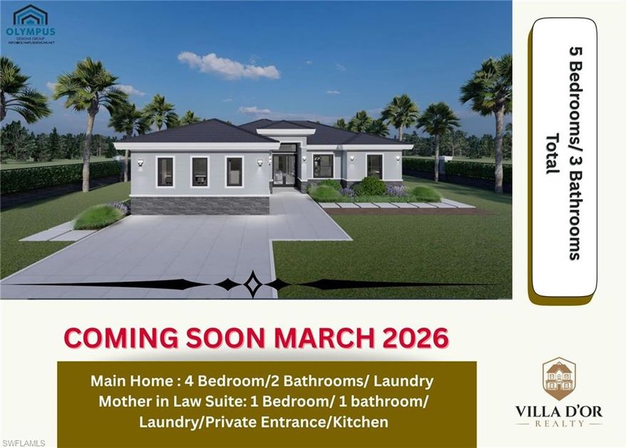 $15,000 closing cost credits for buyer! Brand New Construction in Lehigh Acres! This spacious 5-bedroom, 3-bathroom on city water and sewer home offers a smart and versatile layout, perfect for multi-generational living or added rental potential.

 The property features a private in-law suite with 1 full bedroom, 1 full bathroom, big closet,  full kitchen and wait for it, its own laundry area, providing comfort and independence ( separate entrance) 

The main residence includes 4 bedrooms, 2 full bathrooms, an open-concept living and dining area, a modern kitchen with contemporary finishes, and a separate laundry room. Thoughtfully designed with quality craftsmanship, ample natural light, and functional living spaces throughout.

Conveniently located just 3 minutes from Publix, major shopping centers, dining, and everyday essentials, with easy access to main roads. A perfect combination of location, flexibility, and new construction appeal. No HOA. Schedule your showing today!