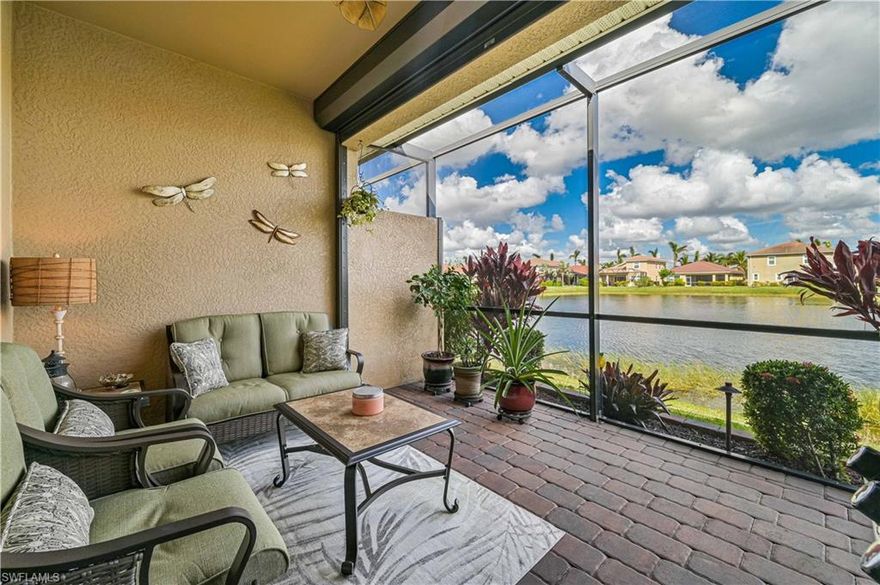 This home will WOW you! Immaculate furnished 2 bedroom +Den, 2 bath villa in a gated community with a beautiful LAKE VIEW! This open-concept home features; electric hurricane shutters, glass front entry door,  crown molding, tray ceiling, upgraded 8’ doors, laminate flooring in bedrooms, upgraded appliances, quartz countertops, pantry, whole house water filtration system & reverse osmosis, newer AC unit, whole house gutters, and much more. Lindsford is a gated community with low HOA fees to include amenities such as resort style pool, spa, clubhouse, fitness center, tennis, bocce ball court, playground, and basketball. Lindsford community is centrally located in SW Florida and close to the beautiful gulf beaches. Enjoy the nearby shopping, dining, downtown Fort Myers, RSW International Airport, sports facilities, and the John Yarbrough bike and jog path runs right thru the neighborhood. No Hurricane damage and not located in a flood zone. Schedule your private showing today - this home won't last!