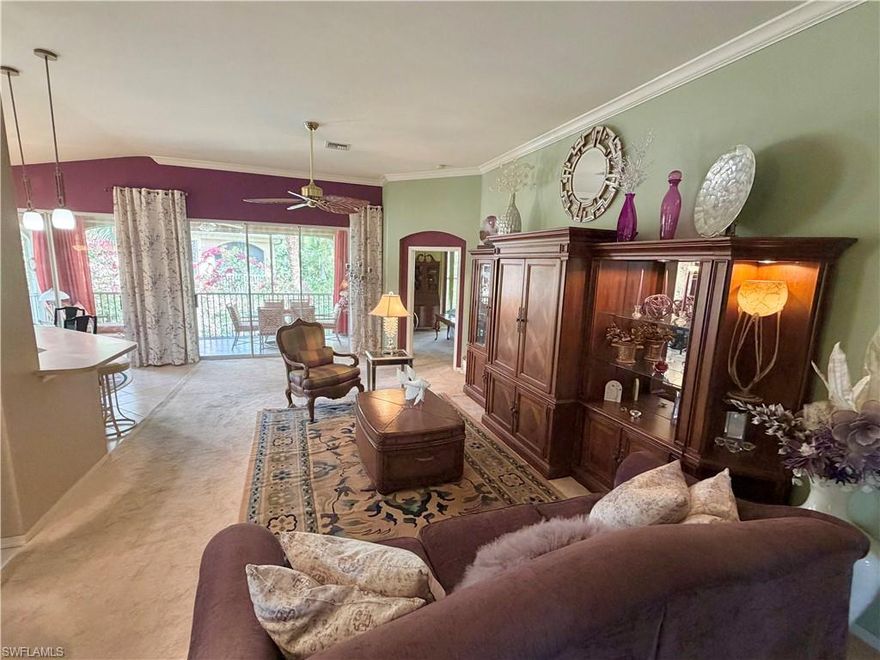 Currently the ONLY Upstairs 3 Bedroom Condo FOR SALE on the Entire Street, being offered TURNKEY!  Located at the end on the Cul-de-Sac, this 3 Bedroom, 2 Bathroom end-unit boasts over 1,500 square feet and an extra large screened-in lanai with a one car attached garage.  Enter from main private entrance or through your attached garage to the first floor entrance foyer and continue up the stairs to an open floor plan with North/East exposure overlooking the tree lined preserve. 11 foot tall ceilings in the great room, with 2 large glass sliders opening up to your big lanai.   With a split bedroom floor plan, the master suite is completely separate from the two other guest bedrooms.  Laundry In-Unit, vaulted ceiling 2nd bedroom in front and a 3rd bedroom with double doors off of the great room can also be set up as a versatile Den/Office! Marsh Landing is a wonderful community including a clubhouse, pool, tennis and pickleball courts, and exercise room. Coconut Point Mall is directly across the street, 20 mins to RSW Airport, gulf beaches and new developments in the area.  It is truly a wonderful community to call home!  Marsh Landing has a 3 year rental restriction upon new ownership.