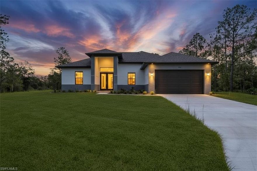 New Construction READY to MOVE IN in a HALF ACRE LOT. Beautiful 4 bedrooms, 2 bathrooms, located in a fast-growing area. HIGH Ceilings, IMPACT WINDOWS, OPEN CONCEPT kitchen with wood cabinets and QUARTZ countertops. STAINLESS STEEL kitchen appliances included typically Frigidaire or Samsung brand. This home has an open floor plan, PORCELAIN TILES floors throughout the entire home. NOT IN A FLOOD ZONE. Schedule your showing today and come see this beautiful home! Very easy to show. Some pictures are virtually staged or from a sister house model. Don't miss this great opportunity and schedule your showing today!