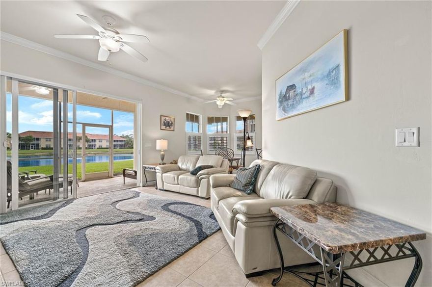 Welcome to your dream condo - FIRST FLOOR END UNIT WITH LAKE VIEW! This spacious 3-bedroom, 2 1/2 bath  gem is nestled in a secure, gated community. Enjoy the perfect blend of comfort and style with ceiling fans a central cooling system, and IMPACT WINDOWS. Enjoy the stunning water views and serene water features from the cool comfort of your lanai, Master Bedroom, living room & kitchen. Indulge in a plethora of community amenities, including basketball and tennis courts, BBQ-picnic areas, a clubhouse, community park, pool, spa/hot tub, and an exercise room. For leisurely pursuits, explore the library or engage in a game of pickleball. Sidewalks and streetlights enhance the community's allure.The master bath is a retreat with dual sinks and a separate tub and shower. Additional rooms like the family room, guest bath, and home office offer flexibility PLUS a 2 car garage. LOCATION! Bell Tower Park is in the middle of Fort Myers - Just minutes from beaches, airport, shopping and everything. Completely fenced and gated community entrance. Seize the opportunity to experience maintenance-free condo living with this meticulously designed and well-appointed residence. Your oasis awaits!