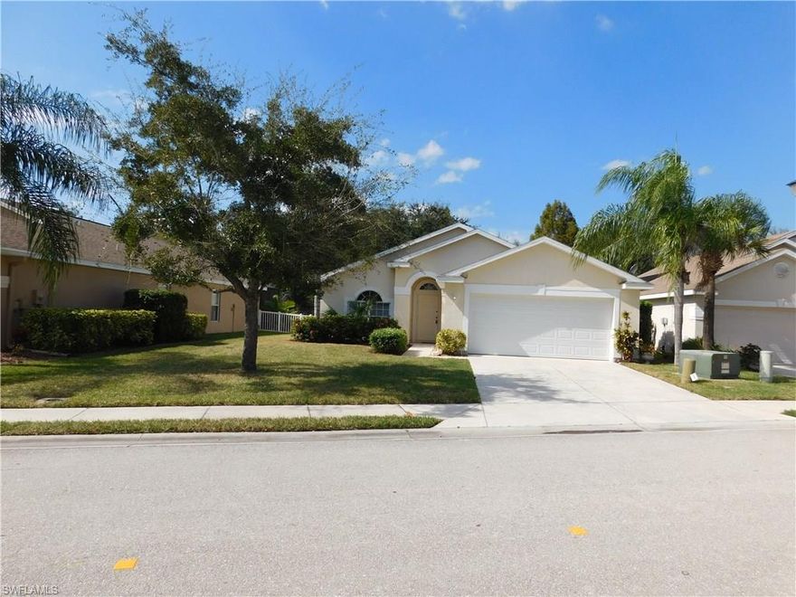 This is the one! 3 bed / 2 bath / 2 Car garage single family home in Gated Community- walking distance to dining, Hospice Care,  Public Library, Golisano Children's Hospital of Southwest Florida and Lee Memorial Health Care System Inpatient & Outpatient services.  Short distance to Beaches, Mini Golf and grocery stores.  This ready to occupy single family home backs up to a lovely wooded preserve - never have a neighbor behind you.  Home offers dining/great room combo with cathedral ceilings, ceramic tile in common areas, carpet in the 3 bedrooms with high ceilings to give the rooms an open feel.  Master bedroom has a walk-in closet. Master bath has dual sink vanity and linen closet. Washer/Dryer included with newer stainless steel kitchen appliances. Fridge has Ice/Water thru door.   Interior of home & garage floor was painted less than a year ago. This South Fort Myers gated community near beaches and Sanibel Island offers a Community pool, Play Ground for the kids, Club house for those special events and a private workout room for you to keep in shape!  Neighborhood survived Hurricane Irma just fine.  Electricity was up and running on day 2 after the storm. Approx. 25 Min to RSW