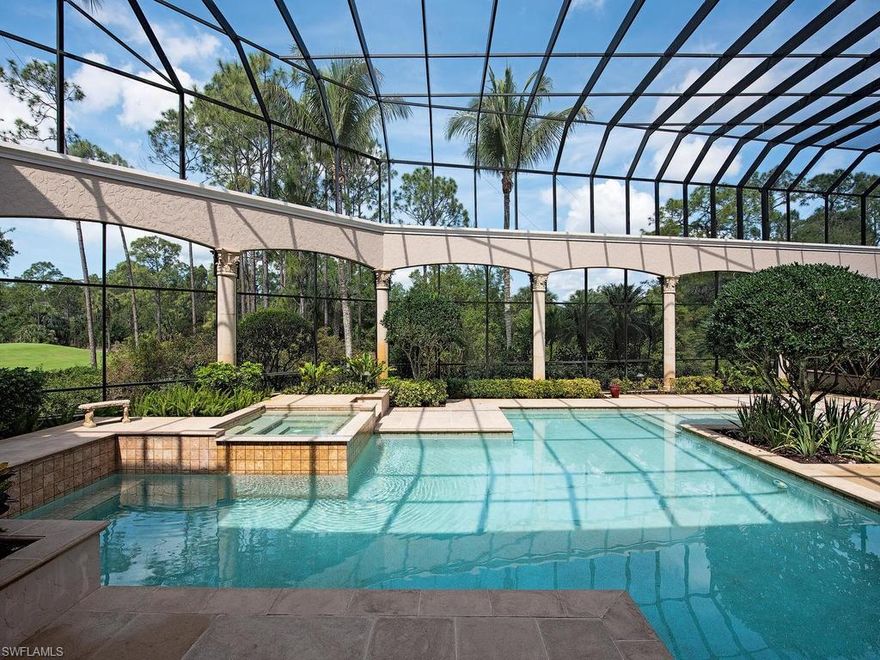 Immediate golf membership available! This incredible Mediterra estate home is privately nestled at the end of the cul de sac within the exclusive neighborhood of Benvenuto at Mediterra. Very rare to have no homes across the street and no home next to you on the North side. Prime location just a short walk to the golf and sports clubs.  This custom home constructed by luxury builder Kurtz Homes was thoughtfully designed and constructed to take advantage of the Western rear exposure and golf course views of BOTH the North and South course from numerous balconies on the 2nd floor office above the master and 2nd floor guest bedrooms while still providing privacy in the outdoor living areas. The 4th bedroom is a detached cabana with wet bar, walk in closet and full bathroom. This home has been immaculately maintained and offers one of the largest outdoor screened in living areas within the community.  Spacious living areas and rooms, hurricane impact windows, premium stones, custom wood working, and recessed crown molding are featured throughout. A movie theater, wine cellar, and 3rd story viewing tower make this property truly one of a kind. Joining fees increase Jan. 1, 2020.