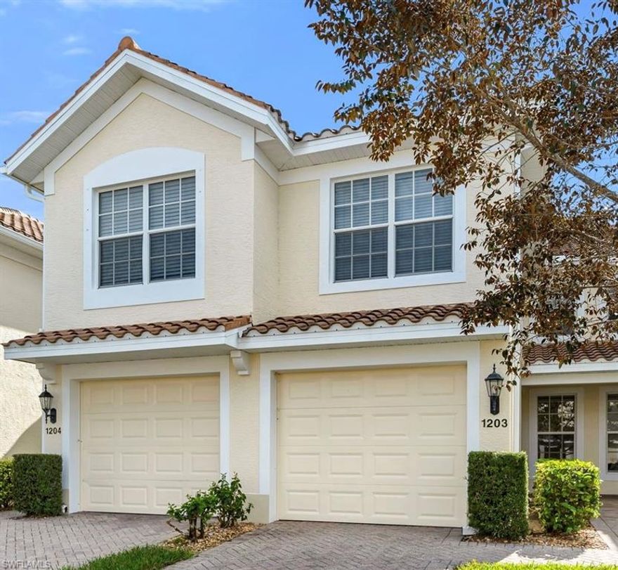 CLICK ON 3D TOUR! A rare opportunity to own this sunny updated 3 Bed Carriage Home in gated Coventry at Stratford Place in prestigious North Naples! Prime central Naples location, only 10 minutes from 5th Ave, Mercato, beaches, NOT IN A FLOOD ZONE. Centrally located most affordable residence, offering nearly1,600 sq. ft. of living space. This South facing home features an open floor plan, oversized great room, large private lanai with preserve views. Updated white kitchen includes all stainless appliances, pantry, sunny spacious breakfast area, designated dining area. Primary suite offers dual vanities, large walk-in closet, spacious primary bathroom. Additional highlights: attached oversized 1-car garage with extra driveway space, NEW 2021 TEAR OFF ROOF, NEW 2025 EXTERIOR PAINT,2018 LENNOX 5 ton AC, LARGE SIDE BY SIDE LAUNDRY, plenty of natural light throughout. Stratford Place is a coveted gated community with pool, spa, basketball court, biking, walking and jogging paths. Quarterly HOA includes Xfinity cable and internet, water, lawn care, trash removal, pest control, pool and spa. 10 minutes drive to beaches, 5th Ave shopping, dining. Pet-friendly. Well-run association. Highest rated North Naples schools. Very low property tax and low HOA fees! No rentals first 12 months of ownership, after that 4 leases a year 30 days minimum. Don't take it from us - come see this beautiful home!