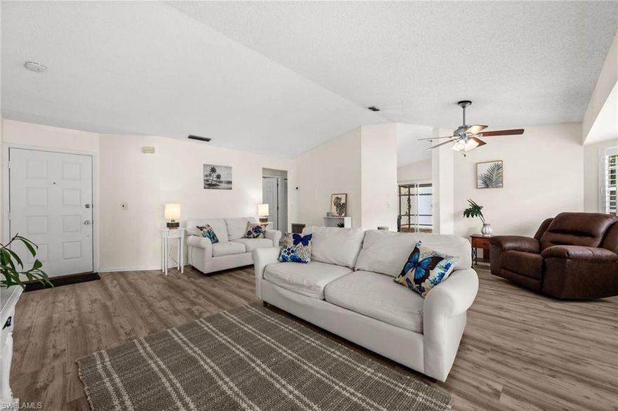 Incredible value ! This home is priced to sell ! The wonderful community of Foxmoor Lakes offers plenty of amenities including 3 community pools, bocce ball, pickleball, tennis, clubhouse, Gulf access community boat dock. Pet friendly ! The location is convenient to all shopping, worship, entertainment, schools, etc with I75 access close by. The low HOA Fee includes lawn & year maintenance, trash & recycling, pest control. This home is one of the few 3 bedroom homes in the community! The layout has an open living area leading into a kitchen a dining room overlooking the garden. The home is recently updated with NEW ROOF ( 2023 ), gorgeous vinyl plank flooring throughout, brand new kitchen cabinets and countertops, all completed in ( 2023 ), the house was re piped recently ! New fence ( 2020 ). Plantation shutters are just an amazing added value !
Water heater, refrigerator and washer/dryer ( all replaced in 2025 ) New owners will enjoy the large private lanai and appreciate a maintenance free zero scape back yard. There's even an additional patio on side back yard for grilling. The owners keep the home spotless. Very easy to show!