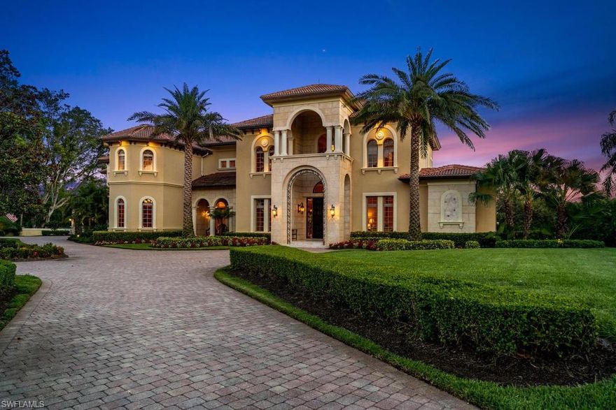 This elegant and classic one of a kind gated estate in Pine Ridge was designed for comfortable living and entertaining and has a vast array of architectural details. Spread over 9,200 square feet of living space on over 1.19 acres, there are 6 bedrooms plus a study, a home theatre, wine room, den and a bar/lounge, making this a true estate. Upgrades are extensive in this home, including a gourmet chef’s kitchen with custom cabinets and granite counter tops, wood and marble flooring, extensive wood trim and coffered ceilings, surround sound audio system, and a expansive master suite with his/her closets, exercise room with sauna/steam room, and a balcony over looking the lake. Additional notables include a private elevator, 6 car garage, custom closets, a separate 3,400 square foot guest house with its own two gar garage, an RV/Boat Garage, and much more. The exterior features a gorgeous pool with spa with water sprays, and an expansive lanai. The property, itself, features three separate buildings, landscape lighting and views from every room and balcony.