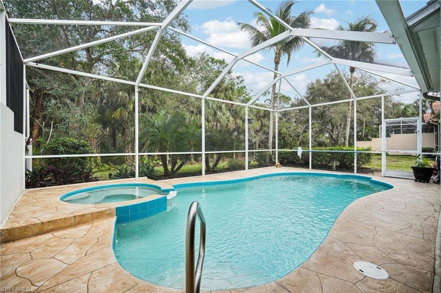 Come enjoy this Rarely Available Attached Villa with pool and spa located within the Highly Desired "Golf Bundled" Forest Glen Gold and Club Community. This home offers access to top-notch country club amenities, including a completely renovated 18 hole Championship Golf course with no assessments. This "Original Model" rare side entry villa has everything to offer!!! Ths home offers 2 bedrooms and den (which can be converted to a 3rd bedroom or used an office). This thoughtfully designed floor plan offers 1879 sf under air, and a seamless flow between indoor and outdoor living spaces, perfect for both relaxing and entertaining. The custom pool and spa surrounded by vibrant landscaping, offers privacy and serenity. The spacious lanai is ideal for hosting friends or enjoying serene evening sunsets or relaxing under the stars.  This Highly Desired community also offers a clubhouse, fitness center, both indoor and outdoor dining options, swimming pools, spa, sauna, tennis, pickleball, bocce, miles of nature trails, and much more! With its prime location in Naples, and easy access to I-75, you’re just minutes from pristine Gulf beaches, upscale shopping and fine dining, multiple international airports, and the new Paradise Sports Complex. This Rarely Available Home will not last!!!