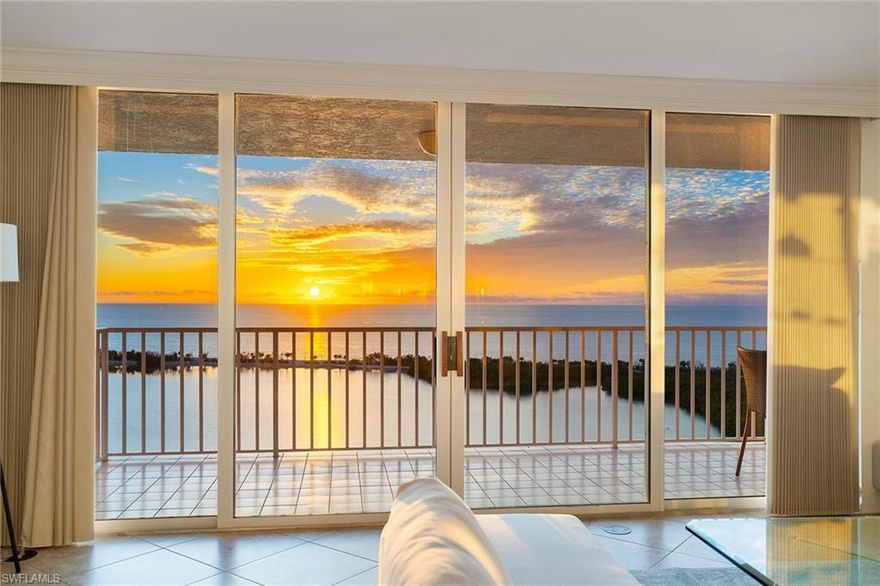 Perched atop the exclusive Pelican Bay Community, this coveted 18th floor St. Nicole condominium unit offers a spacious living plan, panoramic views of the Gulf, and a luxury lifestyle. This is a center, high floor "01" unit that rarely comes on the market.  2200 square feet encompasses the 2+Den, 3 bedrooms, a huge master bathroom and guest bath, with flexible living space for a home office and study. The oversized terrace is the perfect spot for watching spectacular sunsets over the Gulf and herons fly across the mangrove. Many new upgrades include dual vanities, shower doors, Levolor window coverings, appliances, LVP, AC system, and the entire unit is freshly painted. St. Nicole is finishing a complete remodeling with designer renovations of the building's lobby, pool and jacuzzi, gym, and social rooms. Downstairs a tram takes you to the private Pelican Bay beaches where lounges and umbrellas await. Dine beachside at private restaurants and bars. Take out a kayak or sailboat, or just watch the dolphins and shore birds. You can partake in Pelican Bay's tennis, pickleball, titness Center, new community center, and social activities. And you are walking or biking distance to the Naples Philharmonic, Baker Museum, and luxury shopping and dining at the beautiful Waterside shops. Domestic/International airport 25 minutes away.