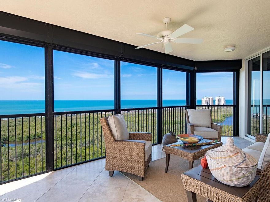 Enjoy the elegance of this rarely available, double sized, 21st floor, estate condominium. The 4280 square feet of living area embraces 3 bedrooms with 2 dens and 3-1/2 bathrooms. Every room is enhanced with elegant simplicity from floor to ceiling. Enjoy the panoramic views of the Gulf of Mexico, Pelican Bay and beyond, rapt with the sounds of songbirds and gentle warm breezes from two large sunrise and sunset terraces.  Or simply immerse yourself in the nature that is on your doorstep by riding the tram or walking the berm and the meandering wooden walkway lined with mangroves and scenic waterways that end at Pelican Bay’s private clubhouse with outdoor dining and then immerse yourself on magnificent sandy white beaches and warm gulf waters. Situated within The Marbella, a luxury high rise with wonderful neighbors and genuinely helpful staff, the amenities are second to none with concierge, dining including room service and care services right at your fingertips.