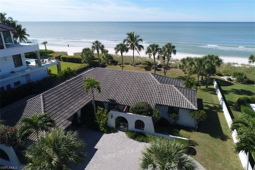 Rarely available beach front site (as-is home included.) 1 of only 13 single family properties on Vanderbilt beach. Located on the southern portion of this small string of homes. Incredibly desirable property that is ready for you to design your dream home. This boutique Vanderbilt Beach community is increasingly one of Naples most rarely available and coveted locations. The sugar sand beach is fantastic with no HOA, walk to the Ritz Beach Hotel & Spa, Convenient to Mercato dining & entertainment, Coconut Point Mall, and Downtown Naples. Also a short drive to the international airport. This site can accommodate a 10,000+ ac sqft and 15,000+ total sqft elevated pool home. Call for Details!