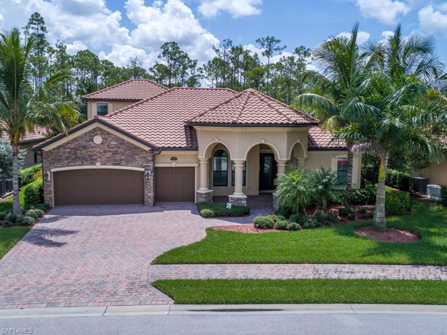 RELAX with the entire family in this rarely available Toscana Grande model with full TPC Treviso Bay bundled golf membership included! Toscana Grande offers an amazing second floor bonus room (600 sq. ft) perfect for a game room, private office or tranquil guest suite including a full bath and apartment kitchen! This estate home in the Bella Firenze neighborhood boasts a SE exposure and private views of the peaceful Rookery. The first floor enhanced upgrades include brand new wood floors in each bedroom, freshly painted walls, plantation shutters, upgraded glass shower doors, gas cook top and so much more! Enjoy the peaceful oversized lanai with luxury pool, spa and outdoor summer kitchen with a gas grill. Endless luxury waits you at the Treviso Bay's 5 star amenities with 18 hole TPC PGA tour acclaimed championship golf course,Villa Rilassare amenity center all within 5 miles of downtown Naples!