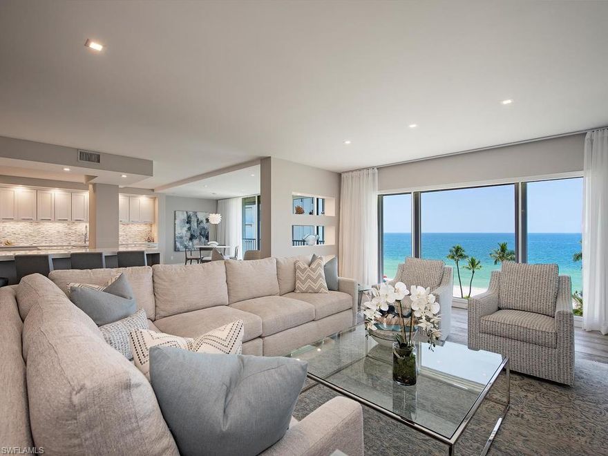 C.16305 - Stunning, direct Gulf views from this totally remodeled/redesigned 4BR/4BA, 5th floor condo with a refined, coastal decor! Esteemed architect/owner designed for maximum enjoyment of the glorious views and beachfront lifestyle! Wide plank wood floors, superb cabinetry; quality finishes throughout! Open concept kitchen has 2 large Quartz islands, tons of cabinets, high style fixtures and Bosch appliances. Glamorous master suite with Gulf view sitting area, jetted tub, exquisite glass shower, thick marble topped vanities in all baths! The perfect maintenance-free alternative to a single family home on the beach w/casually elegant ambiance! Quiet,well managed & maintained, pristine low-density complex of just 32 units in two buildings. Only 2 condos per floor, so abundant natural light with windows on three sides. A Naples classic in tip-top shape, with all the upgrades and physical updates already taken care of. Under-building garage parking, plus a 100 sq ft storage unit. Just minutes to a plethora of fine restaurants, shops & conveniences. Coquina Sands is in the heart of Naples, just 2 miles from Fifth Ave & Third Street S. famous dining, cultural and social activities.