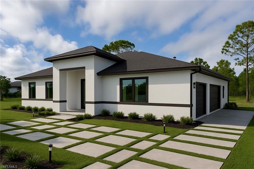 *Under Construction* Experience REFINED, New Construction situated on 2+ acres of privacy & possibility. This
clean, sleek residence showcases a bright open-concept layout with soaring ceilings, natural light, & elegant
marble flooring throughout. Impact windows flood the home. With an open flow kitchen featuring stainless steel
appliances, modern cabinetry, and an expansive island ideal for entertaining and everyday living. A welcoming
foyer sets the tone upon entry, leading seamlessly into generous living & dining spaces. The primary suite offers a serene retreat with spa-inspired finishes, including a double-sink vanity, waterfall shower system, a standalone
soaking tub & side-by-side walk-in closets. Additional bedrooms provide flexibility for guests, office, or family
needs. Enjoy outdoor living potential with a covered lanai and a turf paver driveway leading to a spacious 2-car
garage. Designed with comfort, functionality, and timeless style, this home is ready to welcome its very first
homeowner. Final finishes and exterior improvements in progress. AI-rendered images show completion. Settle
down and make this home your own!