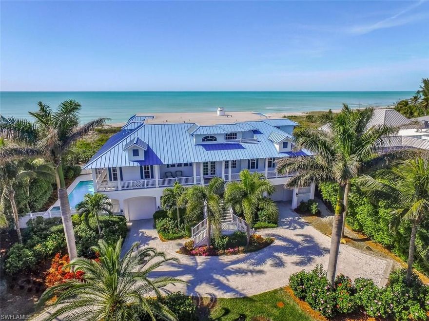 Absolutely inspired luxury, style and sophisticated causal comfort defines this quintessential Captiva beach house located forward of the adjacent homes to offer panoramic views of the white sand beach and jeweled toned Gulf of Mexico. This inspired Olde Florida architecture offers expansive porches, both screened and open, large enough for elegant dinner parties or relaxing as you watch sailboats drift by. The stunning interior features two-story coffered ceilings in the great room, a large stunning kitchen and the touches of luxury one would expect from a home of this caliber. There is attention to every design detail with crown molding, hardwood flooring and a stunning coastal décor. The expansive master suite occupies the top floor and features a fireplace, sitting area and breathtaking Gulf views. The floor plan accommodates generations of family and entertaining with ease. Peace of mind is offered with hardi board siding, impact windows and generator. Indulge your bliss.