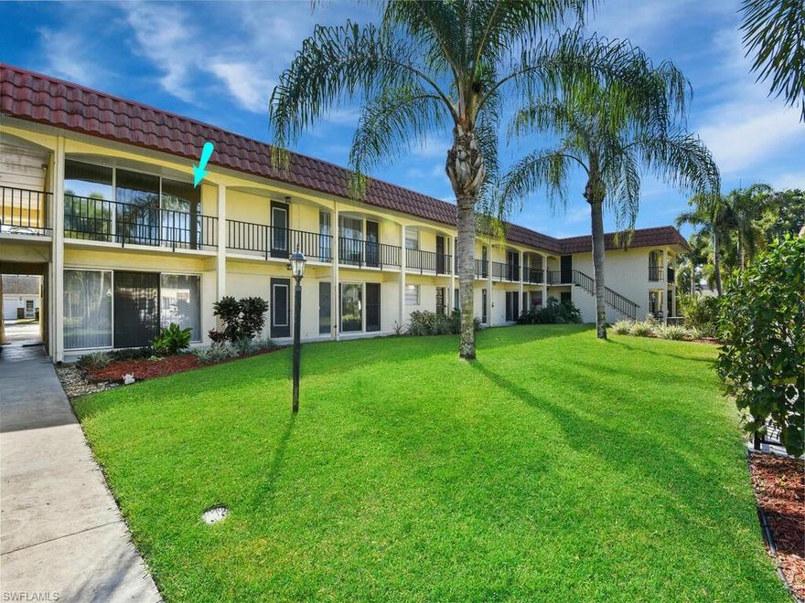 Fantastic TURNKEY condo with a GREAT location! This 2 bedroom, 2 full bath unit is on the second floor of a 55+ condo community and is just steps away from the community courtyard with heated pool, community room, & grill area. Offering almost 900sf of living space with a great room design, spacious bedrooms, a galley designed kitchen, dining area off of great room, and a long open lanai off of one of the bedrooms. There are two sets of massive 3 panel sliders in the home- one off of the great room and one in the bedroom with the open lanai... these almost wall-to-wall window systems allow the home to have lots of natural lighting. The master bedroom has new impact resistant windows.  A community laundry room is on the first floor of the building and there is an common extra storage room if needed. In just a short drive you can be enjoying the beautiful beaches of Estero Island & Sanibel Island, or head up the historical McGregor Blvd to the River District of Fort Myers where you can find lots of community events, shopping, and dining.