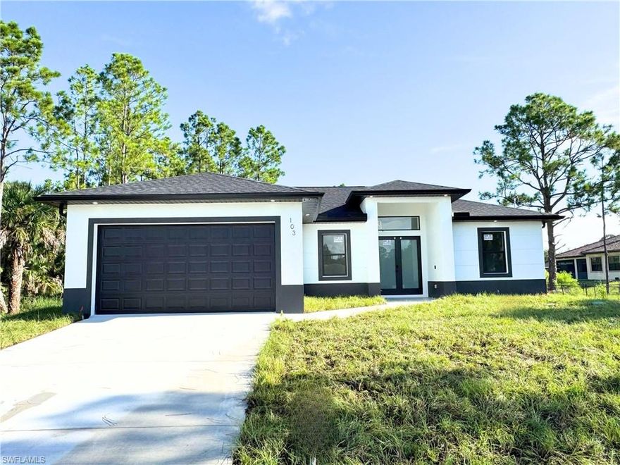Beautiful new construction in Lehigh Acres, perfectly located in the desirable 33972 area just off Joel Blvd and near Leeland Heights Blvd, providing easy access to Lee Blvd, shopping, grocery stores, and schools. This home features 3 bedrooms + den, 2 bathrooms, and 1,630 sq ft of living area. Enjoy a modern open layout with double-height ceilings, porcelain tile flooring throughout, quartz countertops, and impact windows and doors. Sidewalk right in front of the property adds extra convenience. No HOA, no CDD—bring your truck, RV, or boat with no restrictions!