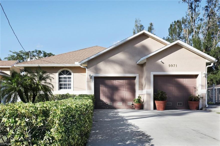 H.12380 - This great room floorplan has a large open kitchen with granite countertops and newer Samsung slate appliances and waterproof laminate flooring. The master bedroom has sliders that go out to the lanai and the master bathroom has been updated.  The other 2 bedrooms and guest bath are tiled and are on the other side of the home.  A decorative fence encloses the large landscaped yard which has irrigation, fruit trees, sitting areas and shed. This home sits at the end of a quiet street and is high and dry.  It suffered no damage from the hurricane.  You are minutes to shopping and the heart of Bonita Springs.