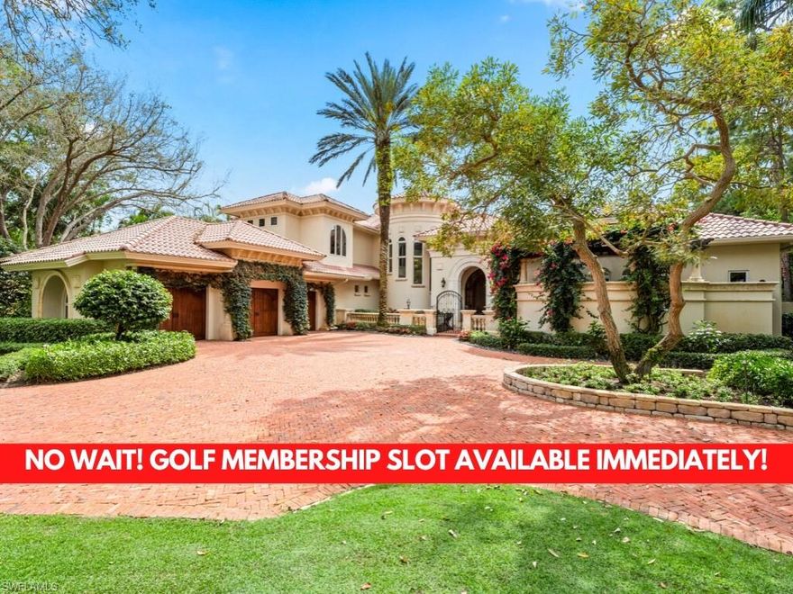 Located in the beautiful Mediterra Country Club - NO WAITING! GOLF MEMBERSHIP SLOT AVAILABLE IMMEDIATELY! NEWLY RENOVATED PRIVATE BEACH CLUB—The Mediterra Beach Club offers an escape to a 10,000 sq. ft two-story private oceanfront paradise on the Gulf of Mexico. Featuring a restaurant & bar that serves members via indoor & outdoor dining, this private facility boasts a heated swimming pool, a sundeck, and cabana beach service for chairs, umbrellas & refreshments. Location, Location, Location! Beautiful home overlooking the 6th hole and sweeping lake views. Timeless architectural design is reflected with fossil stone pillars & accented arched colonnades at the entry foyer. The home has a free-flowing staircase leading to everyone's favorite focal point, the spectacular wine room. The chef-inspired kitchen offers warm maple cabinetry, accentuated by natural granite countertops and State-of-the-art Viking & SubZero appliances. The upstairs library, adjacent cocktail bar, game room, and sun-soaked balcony create a perfect retreat on the second floor. The primary suite is resplendent with a morning bar, a walk-in closet equipped with extensive built-in cabinetry, multi-level tray ceilings, and an intimate sitting area. The primary bath spares no detail in the intricate design of walnut saturnia flooring, inlaid with Italian listellos. The sweeping lanai boasts multiple outdoor dining & entertaining areas with an outdoor kitchen, fireplace, pool, and spa with numerous waterfall and fountain features. Additional features include a full home generator AquaLatch water leak detection system and a Three-car air-conditioned garage.NEW ROOF 2024.