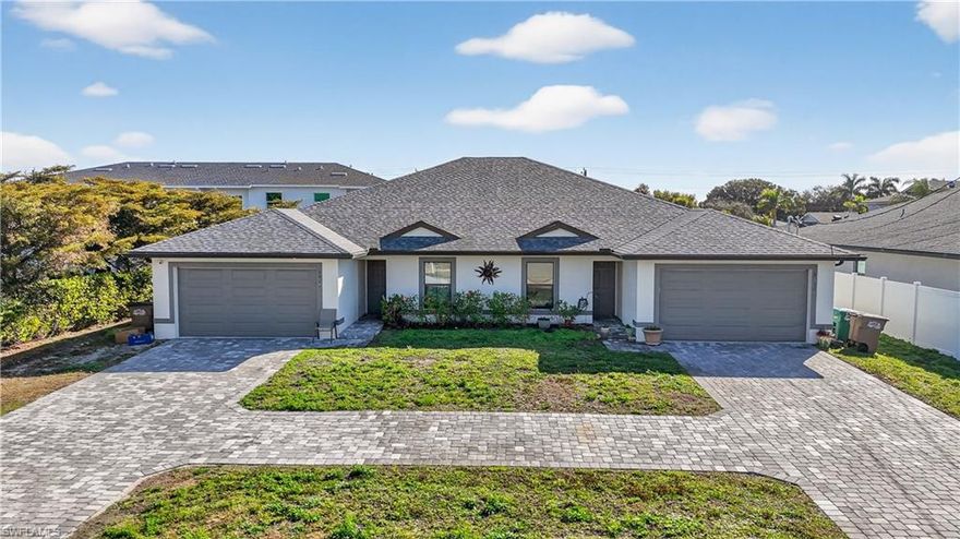 STUNNING BUILDER/OWNER UPGRADED CUSTOM 6 BEDROOM, 4 BATHROOM, 4 CAR GARAGE DUPLEX IN THE HEART OF CAPE CORAL!! This almost-new duplex is perfect for a small family owner, with side unit available for income to help pay the mortgage (HARD TO FIND OVER 1400+ SQUARE FOOT UNTS WITH 2 CAR GARAGES FOR EACH side). Beautiful H designed "paver" stone entry/driveway, with plenty of guest additional parking. LARGE OPEN FLOOR PLAN, WITH SPLIT BEDROOMS. 10' CEILINGS AND "WOOD PLANK" CERAMIC TILE THROUGHOUT THE WHOLE HOUSE FOR EASE OF MAINTENANCE. ALL WINDOWS AND SLIDERS ARE "IMPACT" STORM RESISTANT FOR COMPLETE STORM PROTECTION with 3 glass panel sliders. Home is energy efficient.  "Chefs" Kitchen with lots of counter space, WOOD CABINETS, GRANITE TOPS AND ALL STAINLESS STEEL APPLIANCES. Center Island work and entertainment center with 6 stool seating for entertaining family & friends. Each unit has it's own laundry room with washer and dryer included available inside the residence. Master Bedroom, has 10' ceilings, large HIS & HERS walk-in closet with plenty of space, dual granite vanities and sinks and FLOOR-TO-CEILING GLASS AND TILE WALK-IN SHOWER. There are ceiling fans in every room and both he guest bedrooms share the second bathroom, which has a shower/tub combination. There are sliders off of the main living area that lead to a spacious screened-in porch overlooking the backyard. This home is pet-friendly (with approval). Owner pays for pest control. Tenant is responsible for lawn care. DUPLEX IS CLOSE TO "A"-RATED SCHOOLS, MAJOR SHOPPING, CHURCHES, HOSPITALS, RESTAURANTS AND THE BEST OF DOWNTOWN CAPE ENTERTAINMENT.  When A DUPLEX FITS YOUR BUYING CRITERIA, YOU NEED TO SEE AND COMPARE THIS PROPERTY!