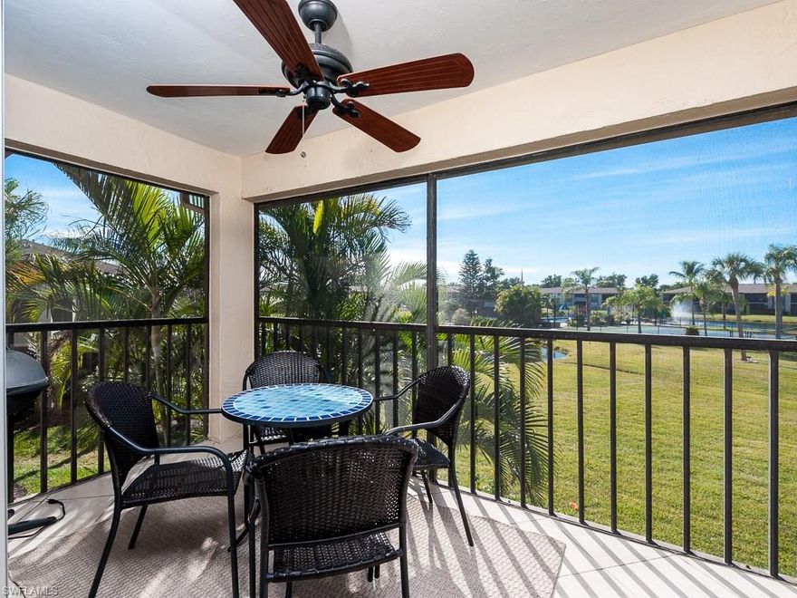 Enjoy wonderful southwestern lake views from this beautifully renovated second floor unit at Davis Lake. Tile on the diagonal throughout provides a perfect backdrop for the thoughtful renovations and tasteful décor that make this unit truly unique. The kitchen has been updated and is now light, bright, and open. The master bathroom has been improved with a custom walk-in tile shower. New vanities and toilets in both bathrooms offer comfort and beauty. The guest bath has been updated with a porcelain tub and tile surround.  The washer and dryer were recently replaced, as were all of the window treatments. New ceiling fans, paint, light fixtures, and furnishings complete the package. The unit is offered “turnkey” to include everything you need for a new Florida home. Davis Lake is a fabulous, peaceful, lake-front community with on-site property management. The grounds are impeccable; the community welcoming, and the resort- style lake-front pool is the perfect compliment to the near- beach location.  Nearby shopping, dining, golf, and boating make this an ideal south Fort Myers location.