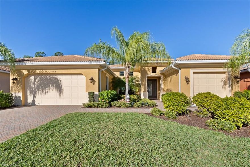 Beautiful, immaculate, Boretto model offers open floor plan, decorated in neutral tones with numerous upgrades throughout.  This home offers upgraded third garage in place of golf cart garage, situated on an extra deep partial wooded golf course lot, wall pest tubes and high impact windows.  Large tile in main areas, and crown molding throughout.  Fantastic layout for entertaining with formal dining room and kitchen open to the greatroom with large sliders leading out to the paver lanai, pool/spa and sizeable backyard.  Stainless appliances in kitchen, undermount sink, granite counter-tops, cabinetry with crown molding, breakfast bar and nook. Den with rich hardwood floors boasts closet which can be easily used as 4th bedroom.  Split bedrooms, convenient bath off the lanai.  The spacious Master suite offers vast walk-in closet and en-suite with his/her vanity, rich cabinetry with granite and large shower finished in tile.