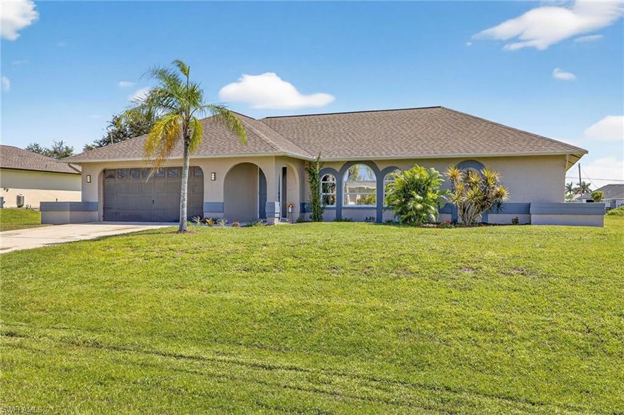THIS HOME IS ON CITY WATER AND SEWER - AND IS THE LEAST EXPENSIVE HOME ON A TRIPLE LOT IN ALL OF CAPE CORAL!   NO FLOODING HERE IN X ZONE & NO FLOOD INSURANCE REQUIRED!  BONUS--THIS HOME IS WIRED FOR HIGH SPEED CENTURY FIBER OPTIC INTERNET, A GREAT AMENITY FOR ANYONE BUT ESPECIALLY FOR THOSE WORKING FROM HOME. (Many areas of Cape Coral do not have this available)   Presenting this 3-bedroom, 2-bathroom home nestled in a desirable Cape Coral area. This property is located on a triple lot, measuring 120x125 feet, offering ample space for potential expansion, adding a swimming pool, storage, or simply enjoying outdoor activities. The neighborhood is exceptionally pet and family-friendly. A significant advantage is the convenient walking distance to the local school. Also, it is situated just a mile from Pine Island Road, providing easy access to a wide array of dining establishments and shopping centers. The home features 3 large bedrooms, a kitchen island, and a new roof installed in 2023. A major benefit is that this property is already connected to city water and sewer services, saving future owners the hassle, disruption, and rising costs associated with future municipal utility upgrades in surrounding areas. Furthermore, this home enjoys a high and dry location, eliminating the need for costly flood insurance. Location-wise, it's conveniently situated within a 20-mile radius of both Fort Myers and Punta Gorda airports, and approximately 15 miles from the bridges leading to the beautiful beaches of Fort Myers Beach and Sanibel Island. ------Recent updates (within last 3 years): Roof 2023 - AC 2022 - All Ductwork new 2025 - Attic insulation 2025 - Water Heater 2025 - Plumbing re-pipe 2024.