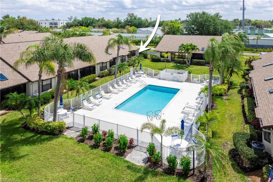 Beautifully maintained pool villa with vaulted ceilings located in a desirable gated community just minutes from Fort Myers Beach and Sanibel Island. This unique villa offers exceptional indoor-outdoor living, with a courtyard pool directly accessible from the back door—perfect for relaxing or entertaining. The rear and front lanais are enclosed with sliding windows.  Back lanai is thoughtfully furnished with a 4 top table and chairs providing the ideal spot for dining while enjoying refreshing cross-breezes when windows are open from front to back.  At the front of the home, a glassed in lanai is furnished with chairs and side table for a relaxing atmosphere to view the landscape. Inside, the open kitchen features timeless shaker cabinetry, quartz countertops with tile backsplash, stainless steel appliances and lighting. Updated bathrooms include modern cabinetry, solid-surface countertops, mirrors, and lighting. Additional upgrades include two updated showers, custom window treatments, and tasteful furnishings that elevate comfort and style throughout the home. Residents enjoy resort-style amenities at the main clubhouse, including a fitness center, pool aerobics, tennis, pickleball, shuffleboard, bocce ball, and more.