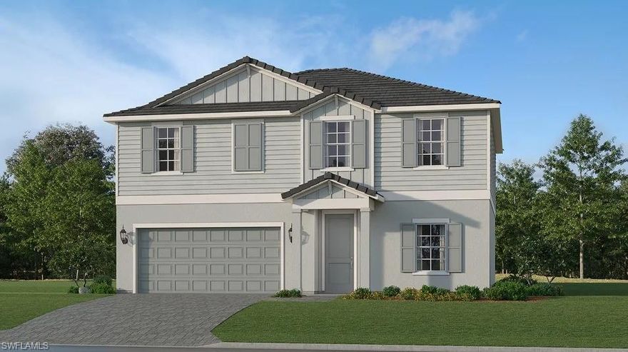 Hampton Lakes is a collection of new single-family homes for sale at the River Hall masterplan in Alva, FL. This gated community is designed to cater to active lifestyles, featuring an array of amenities including a fitness center, resort-style pool and tennis, pickle ball and bocce ball courts. In a prime location just six miles to I-75, this community provides residents easy access to beautiful nature destinations, renown Gulf Coast beaches and tons of shopping and dining experiences. This two-story home features a sophisticated layout that offers endless possibilities. A flex space is tucked to the side of the foyer for versatile needs, while down the hall is a spacious open-concept living area with access to a covered porch. It includes a welcoming family room, dining room and a modern kitchen. Residing upstairs are three secondary bedrooms, a generous loft and a tranquil owner’s suite with an attached bathroom. Prices, dimensions and features may vary and are subject to change. Photos are for illustrative purposes only. Estimated delivery date is June/July 2026.