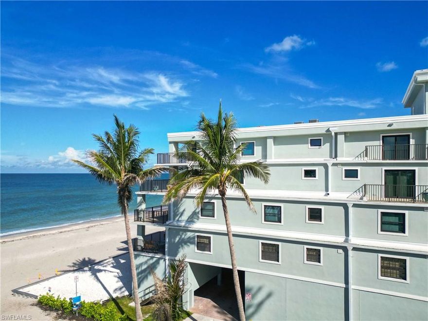 Elite Gulf-Front Luxury at The Palms on Manasota Key-Experience the pinnacle of coastal living in The Palms—an exclusive, impeccably maintained, 12-residence enclave tucked away on the private south end of Manasota Key. This exceptional 3-bedroom, 3-bath condominium offers 1,811 square feet of refined living space with captivating Gulf views from your balcony, just steps from the pristine sand and shimmering waters. Enjoy breathtaking sunsets over the Gulf each evening, then take a quick stroll to the lively beachfront roundabout, where boutique shops and multiple dining options await. FULLY FURNISHED with tasteful, high-quality beach-inspired décor, this move-in-ready retreat showcases an airy open floor plan, diagonal tile flooring, modern lighting, and a well-appointed kitchen featuring granite countertops, stainless steel appliances, abundant cabinetry, and a breakfast bar. The spacious master suite offers two closets, while the spa-like bath includes dual sinks, a walk-in shower, and a separate garden tub. Additional highlights include a private lanai, inside laundry, 2022 AC, new impact windows (2023), plantation shutters, and generous storage—both in-unit and in a dedicated storage closet just steps from the elevator for your beach and vacation gear. Positioned on the FIRST elevated floor for quick access to the parking garage, heated pool, and beach—whether via the central elevator or a short flight of stairs—this residence delivers both convenience and elegance. The Palms offers under-building assigned parking, ample guest parking, an outdoor shower, a beachfront entertainment area, and the peace of mind of a strong, healthy association. Recent enhancements include a new roof in 2025 and a multimillion-dollar remodel, leaving the building in pristine, like-new condition. Whether you’re seeking an exclusive winter getaway, a year-round residence, or a flexible investment with weekly rentals allowed, this home delivers the best of luxury, location, and lifestyle. Live where the beach is your backyard and every day feels like a vacation on one of Southwest Florida’s most beautiful stretches of shoreline. Ask your agent for the QR code to view floorplans, virtual walkthroughs, videos, and more.