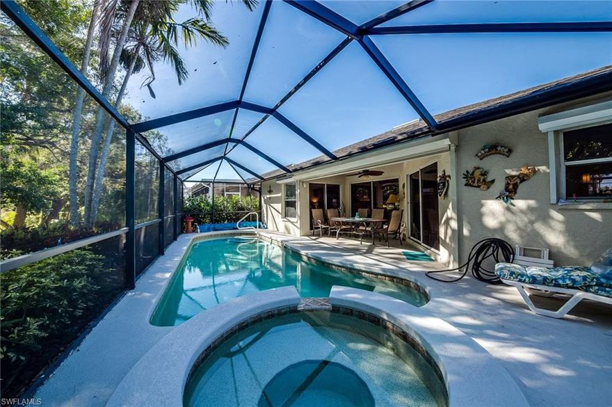 Live the SWFL lifestyle in friendly Country Creek in highly desired Estero!  This fantastic pool home is move-in ready and has three bedrooms and two baths with a convenient Murphy bed included.  The home features vaulted ceilings, newer appliances, wood flooring throughout, and an AC just three-years old.  The HOA takes care of the lawn-care and it's great size for seasonal and full-time residents. Country Creek is a very social and friendly community with many organized activities. Take a plunge in one of community's five heated pools. Stay active and enjoy the 18-hole golf course, five lighted tennis courts, or take it easy at the clubhouse at the full service restaurant and bar. Even if you don't play golf, you will be pleased to know that the HOA fees at Country Creek are even lower than many non-golf communities. This is a great place to live and enjoy life. Minutes away from Barefoot Beach, shopping, dining, the airport and more. This will go fast so see it soon!