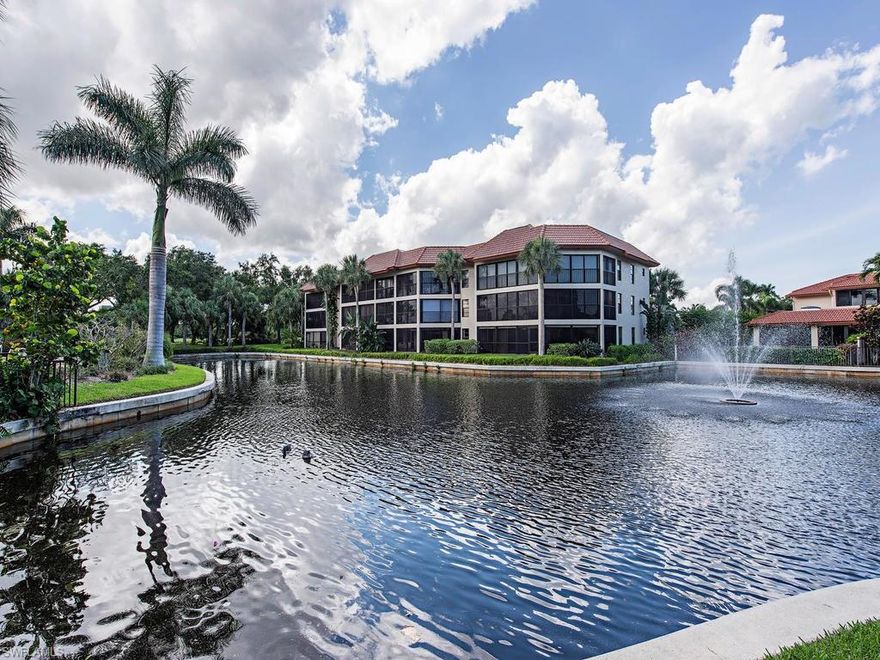 C.15014 - Exceptional Lakefront Setting!  Enjoy expansive views of the lake with water feature and golf course.  Spacious 2 bedroom, first floor unit with many thoughtful updates.  Tile flooring throughout this sunny unit with glassed in lanai, plantation shutters, crown molding, custom built-ins and beautiful granite in kitchen.  Includes a single carport and additional storage.  All poly pipes replaced in 2016.