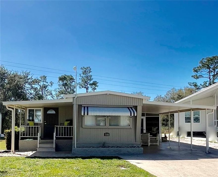 BEAUTIFUL TWO-BED, TWO-BATH HOME IN 55+ FOREST PARK WHERE YOU OWN THE LAND AND PAY $111/MONTH HOA FEE. The kitchen has been beautifully remodeled with stunning granite countertops, white, soft-close cabinetry, and honey-colored Pergo flooring in the kitchen as well as other areas of the home. The ceramic, tiled Florida room has been made into an all-seasons space increasing the living area of the home. The large, side lanai and front porch are additional places to relax and enjoy the Florida sunshine. Updated bedrooms and bathrooms, new exterior and interior doors, several new windows, 2022 HVAC, and attractive window treatments are additional features. Bedrooms are nicely done with even a cedar closet in the guest bedroom! Home has an amazing amount of storage space with a large shed/laundry area and another storage shed behind the home. The conservancy behind the property offers the homeowner additional privacy.  Forest Park offers free WIFI, nice neighbors, activities, and located close to shopping, restaurants, and just minutes to downtown Fort Myers. Home is in the pet section--right around the corner from the pool and clubhouse, come see it today!