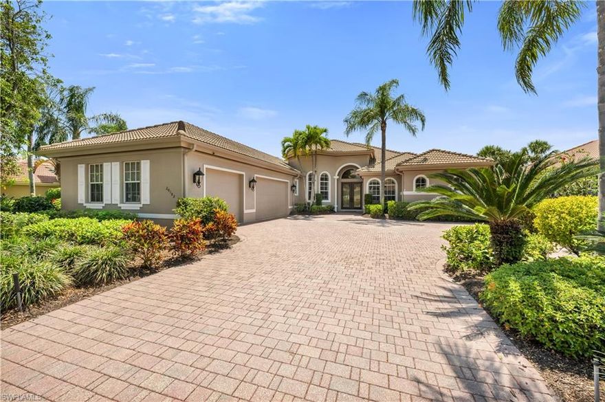 Exquisite Grandezza Estate with Golf & Lake Views! Discover the epitome of Florida luxury living in this Covington Model home, nestled within the prestigious Grandezza community. Overlooking the 14th hole, this 4-bedroom, plus a true den, 4-bathroom residence spans 3,033 square feet and features coveted outdoor living, stunning sunsets, and an array of high-end upgrades. Step inside to a detailed coffered 12-ft ceiling with an open-concept layout designed for both elegance and functional comfort. This is not just a home; it’s a lifestyle, with Western views showcasing three cohesive living areas, exquisite new floors, and a carefully curated designer color palette offering unparalleled quality and sophistication. Meticulously crafted for those who appreciate the finer things in life. The beautiful kitchen is an experience designed for the discerning homeowner. The inviting breakfast bar, adorned with luxurious finishes, seamlessly blends with the brand-new, sleek appliances, rich, warm cabinetry, and beverage station. This kitchen delivers both style and performance, featuring a built-in desk, island, and pantry that seamlessly flow into the great room and out to the pool.  Perfect for entertaining. The spacious primary suite features voluminous ceilings and streams of fresh sunlight with private access to the lanai for serene morning retreats or a dip in the pool or spa before bed. This suite is a private retreat featuring walk-in closets and a spa-like bath. Your guests will ask to return time and again to their private quarters and stunning baths. Additional highlights include a Newer roof (2020), updated A/C, New appliances, New electric shutters on the poolside sliders, a spa heater, plus a 3-car garage with epoxy floors and an extended driveway for guests. Grandezza offers optional golf memberships, bocce, basketball, tennis, a putting green, a resort-style pool, a spa, a clubhouse, and fine dining. Located minutes from Publix, Miromar Outlets, and top-rated schools, this home is a rare opportunity to own in one of Estero’s most sought-after communities.  Seller Financing available with terms to be agreed upon.