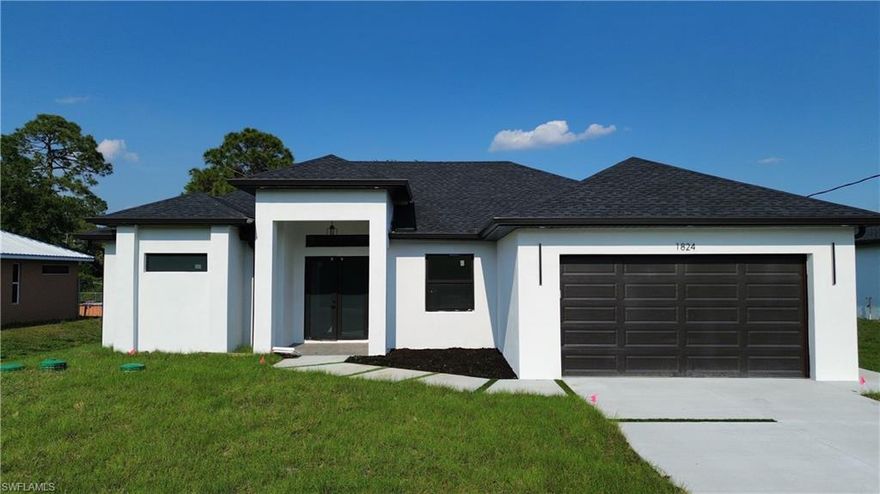 NEW CONSTRUCTION!! Fully impact doors and windows, gorgeous home in Lehigh Acres! This stunning 10ft high single-family home 3 bedrooms + Den, 2 and half bathrooms, a Foyer, an open concept layout, 2-car garage, and a large patio with room for a pool. Stainless steel appliances, white quartz countertops in the kitchen, Huge laundry room with convenient cabinets and tile flooring throughout the house make it stylish and easy to maintain. This home is built with the highest standards and care,