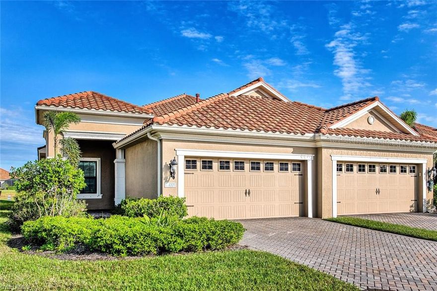 Located in Southwest Florida Watermark community this home has newer construction having been built in 2019. Tall ceilings, bright natural light thanks to plantation shutters throughout, stainless appliances, quartz countertops, two large bedrooms with walk-in closets, separate office/ den and 2 car garage with finished floors and ample space.  The whole home and lanai has new Storm Smart electric hurricane shutters which provides additional area to close off on the lanai . Lanai doors open completely and recess into the wall providing inside/out additional living space, and a beautiful lake view looking out from the lanai