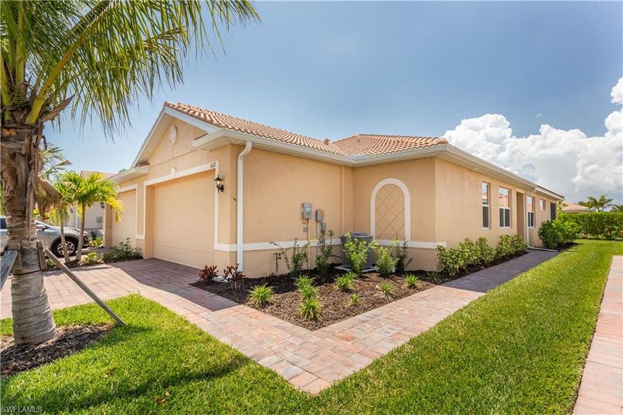 Built 2021! Well maintained 2 + den and 2 bath attached villa in the sought-after community of Lindsford. LOW HOA fees! This unit features an open concept with french doors leading into a den that can be used as a third bedroom, a large kitchen island with 42-inch cabinets, granite countertops, SS appliances, tile throughout the main living area with carpet in both the bedrooms, smart connection to allow you to lock the front door remotely by your phone and prewired ADT alarm system.  Not to mention, there’s room to add a small pool or extend the lanai area. Washer & dryer included. The gated community of Lindsford offers a large beach entry resort-style pool, spa, community room, gym, tennis, basketball, and bocce ball.  Centrally located in Fort Myers near Downtown, 75, shopping, dining, and entertainment.