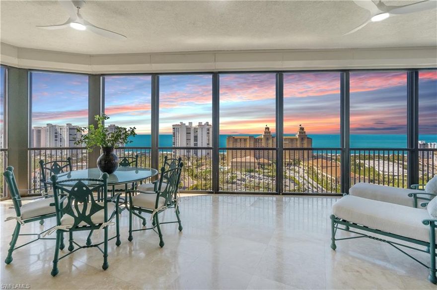 Unwind as you enter into the 18th floor private entrance, immediately discerning the simplicity and ease of this exquisite property.  Spectacular sunsets, descending directly into the Gulf of Mexico, are enjoyed throughout the year. Endless Southern and Western views with more than 40 feet of floor to ceiling windows in the main living areas frame the backdrop to this sophisticated home. One of only a handful of Trieste residences with ten foot ceilings, 1802 has been recently refreshed, professionally styled with universal appeal and is offered furnished. Take advantage of moving in, dropping off your bags and heading directly to the beach club, immersing yourself in the Naples lifestyle. The four bedrooms (all ensuite, one currently set up as a study) and 4.5 baths allow for the hosting of friends and family with everyone’s comfort and privacy in mind. Timeless flooring, millwork, high end furnishings and lighting, an expansive, chic yet sensibly designed kitchen overlooking the family room and casual dining area enrich daily living.
Trieste is a concierge building located in the private gated enclave of Bay Colony within Pelican Bay. Trieste residents enjoy access to a wealth of amenities, including a tropical, resort-style lagoon pool and spa, an air-conditioned poolside social room with fireplace, television, and media center, plus a social room with catering kitchen and coffee lounge, a 17 seat private theatre and a well-equipped gym located on the first floor. Indulge in the opulence of Trieste, where the lobby, first floor, and elevators were remodeled in 2022, enhancing the building's elegance. The front desk concierge is present 24 hours a day, 365 days a year to assist. The main level of Trieste is 21 feet above sea level, enhancing the feeling of security to all owners. 
Bay Colony residents have access to their own Tennis Club where an active tennis community enjoys 6 Har Tru courts with tennis pro, men’s and women’s league games and clinics, a FULL SERVICE Beach Club where you can call ahead to reserve chairs, towels and umbrellas and take advantage of the food and drinks service while enjoying the private beach. The restaurant at Bay Colony Beach Club offers fine dining in a chic and stylish atmosphere, along with casual dining at the outdoor chickee hut alongside the swimming pool.
Known for its miles of immaculate beach, coastal mangrove forests and breathtaking nature paths, Pelican Bay is Naples’ premier beachfront community, offering residents a preeminent lifestyle that cannot be found elsewhere in Florida. Pelican Bay sets the bar when it comes to its luxury living with exclusive amenities including two private beachfront restaurants, beach services, tennis courts and pro shops, fitness center with onsite personal trainers, Pilates and yoga classes, the community center offers social events, book clubs, mahjong and bridge games.  Canoes and kayaks, a wellness studio with nutrition & health services are also available.