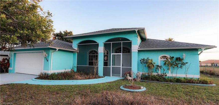 This beautiful solar-powered home featuring 4 bedrooms, 2 baths, and 2 car attached garage is ready for a new family.  The 1996 built home has 2053 square feet of living area, 2928 square feet overall. Large screened entryway, high ceilings, tile through-out--even the enclosed entryway and screened lanai are tiled. Open kitchen, pantry, plenty of counter space and cabinets.  Master has walk-in closets. The master bath has shower and separate soaking tub, and a bidet. Most of the big ticket items have been taken care of: Roof and sofits replaced in 2020, re-piped 2021, new water heater 2020, a/c only 3 years old. Back yard is fenced and has rear southern exposure,  many mature fruit trees(mango, citrus, banana, papaya, and more), many ornamental shrubs and trees, and room for a pool.  Hurricane shutters. Alarm system. SAVE THOUSANDS per year with the 3 year old solar energy system.--electric is $30/month in summer. Home is on city water/sewer/irrigation, all assessments PAID! Sprinkler system. No flood insurance required.  Great location off of Del Prado, quick drive to retail, dining and Veterans Memorial Bridge. Offered as/is with right to inspection.