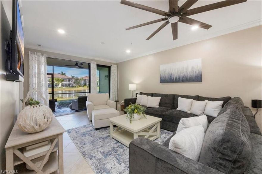 Welcome to this beautifully updated first-floor condo in the heart of Naples, offering effortless living, modern upgrades, and a fresh coastal feel throughout. The perfect annual rental, offering spectacular Naples location. This home has been thoughtfully enhanced with comfort, style, and functionality in mind. Step inside to a bright, open living space featuring new lighting and a new ceiling fan in the living room, creating an inviting atmosphere. The kitchen shines with upgraded appliances, including a double oven, microwave, refrigerator, dishwasher, and a new garbage disposal, complemented by updated lighting for a clean, modern look. The spacious primary suite offers comfort and convenience, complete with a new ceiling fan and a beautifully refreshed primary bathroom featuring a framed mirror, new faucet, upgraded light fixture, and a new fan with light. The guest bathroom has also been improved with a newly framed mirror and added shelving for extra storage. The private lanai features peaceful water views and has been recently painted and now includes a new fan and updated no-see-um screening making it the perfect spot to enjoy your morning coffee. For added convenience, the home includes a brand-new LG WashTower laundry center and new shelving in the furnace and laundry closet for improved organization. Additional features include a new ceiling fan in the second bedroom, a ceiling fan/light combination in the den with Murphy bed, and new smoke detectors installed throughout the home for added peace of mind. Also included is a Ring wireless doorbell, Wi-Fi thermostat and WiFi lock on the front door. With thoughtful updates in every room and the ease of first-floor living, this Naples condo is move-in ready and designed for relaxation. Enjoy resort-style living just minutes from pristine beaches, world-class dining, golf, and shopping. This beautifully maintained condo won’t last long—schedule your private showing today!